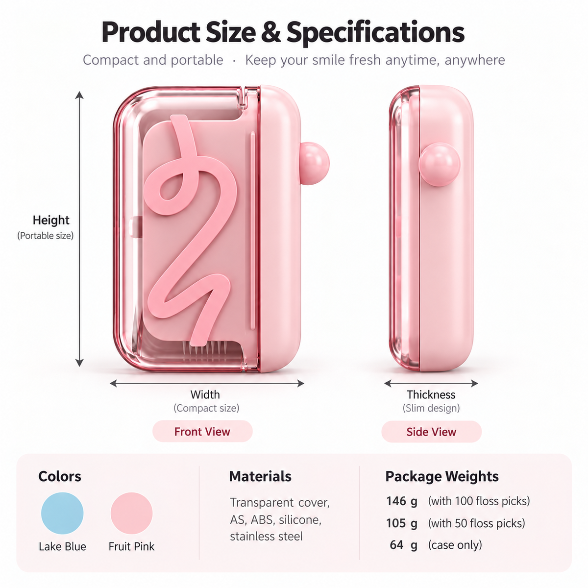 Portable Press-Dispensing Floss Case with Floss Pick Options
